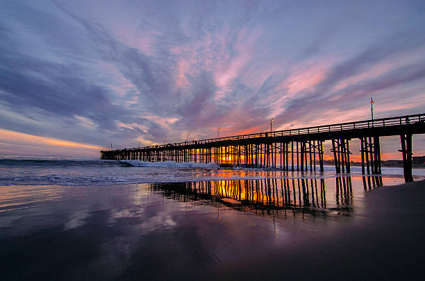 Pink and blue sunset reflected beside Ventura Pier
