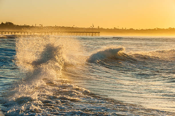 Golden surf breaking with Ventura Pier in the background